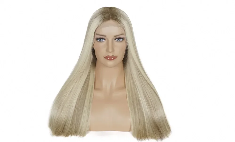 A finished wig displayed on a mannequin head.